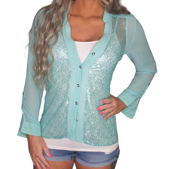 Y2k Vanity Shirt Womens Medium Blue Green Sequin Sparkly Sheer Button Up Disco - Picture 1 of 11